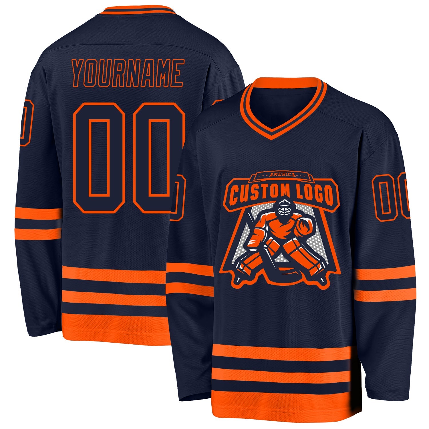 Custom Navy Orange Hockey Jersey view 2