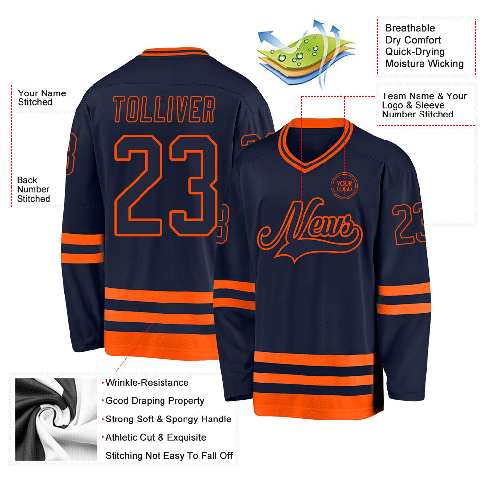 Custom Navy Orange Hockey Jersey view 3