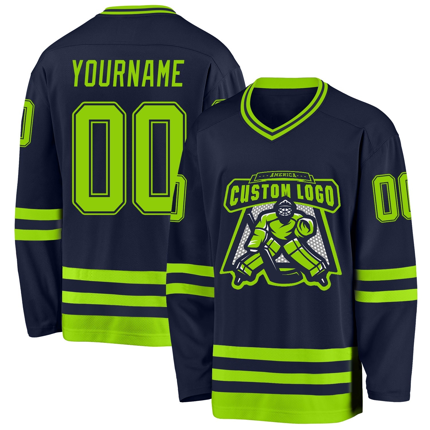 Custom Navy Neon Green Hockey Jersey view 2