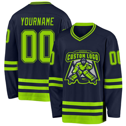 Custom Navy Neon Green Hockey Jersey view 2