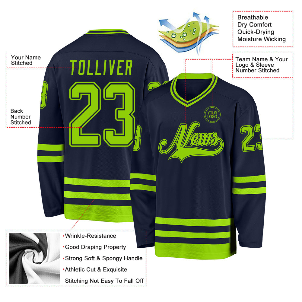 Custom Navy Neon Green Hockey Jersey view 3