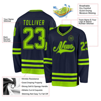 Custom Navy Neon Green Hockey Jersey view 3