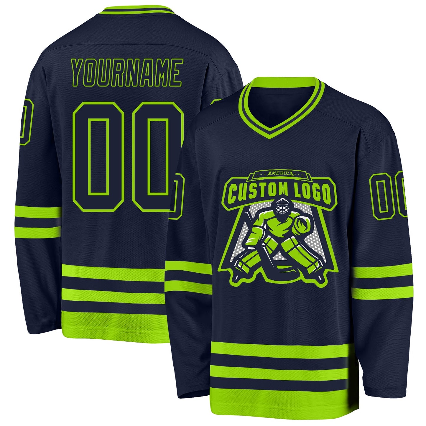 Custom Navy Neon Green Hockey Jersey view 2
