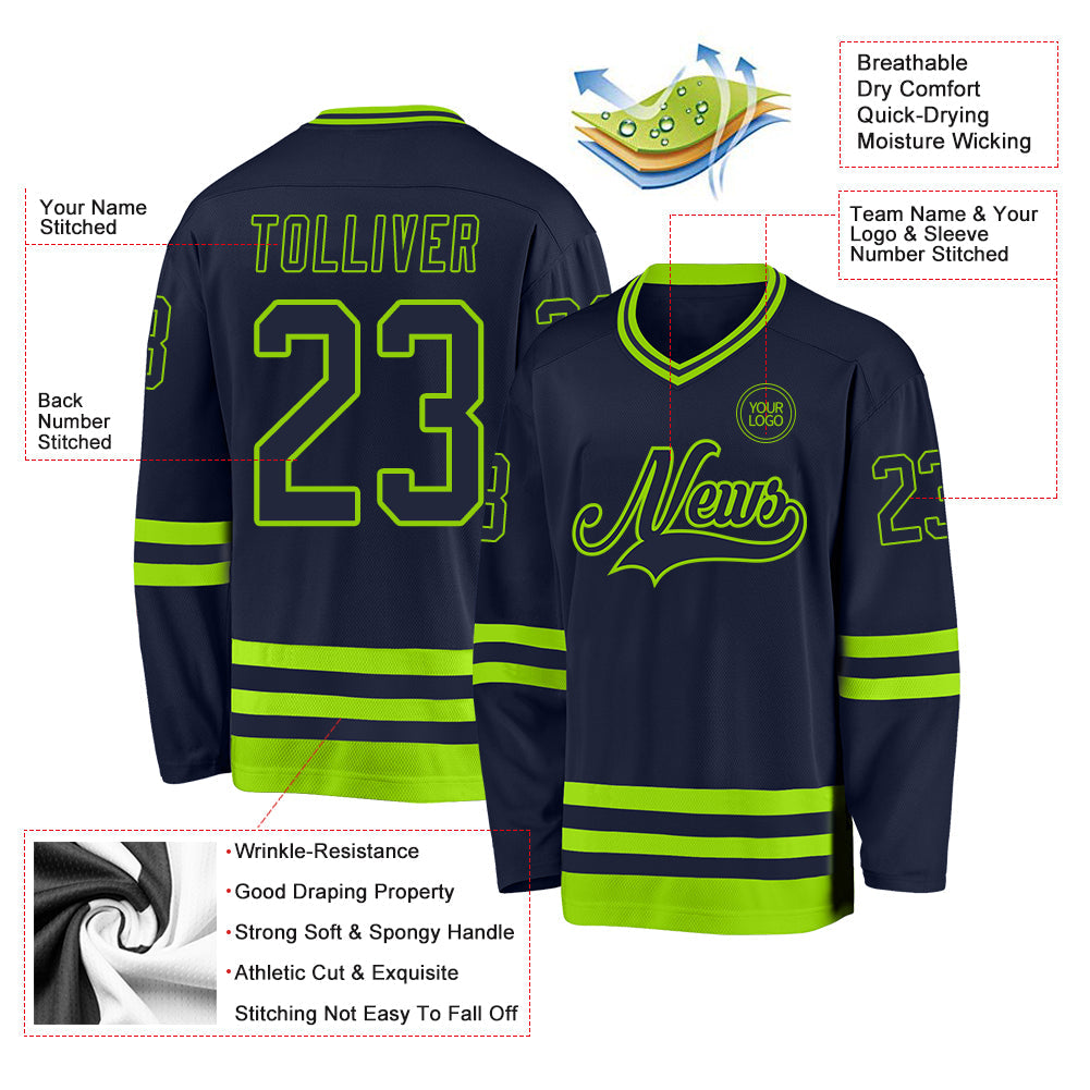 Custom Navy Neon Green Hockey Jersey view 3