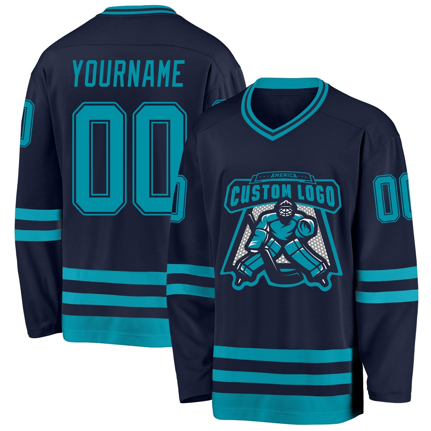 Custom Navy Teal Hockey Jersey view 2