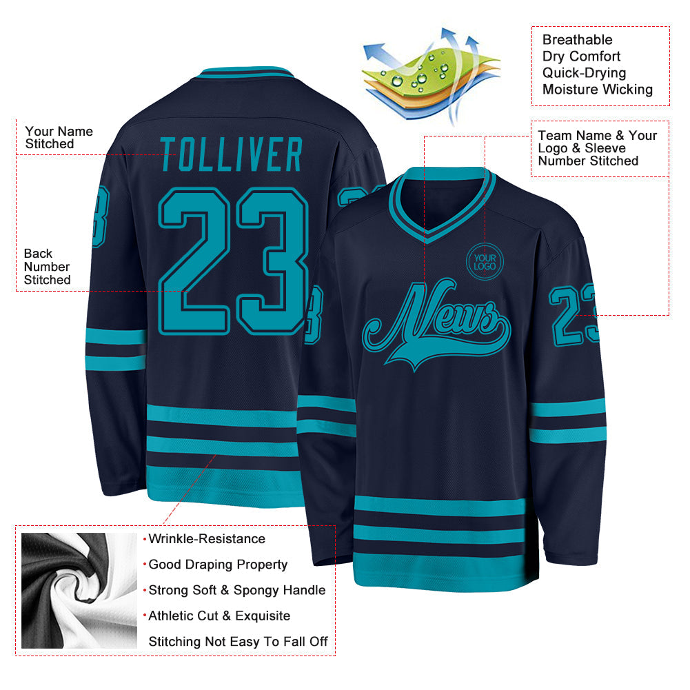 Custom Navy Teal Hockey Jersey view 3