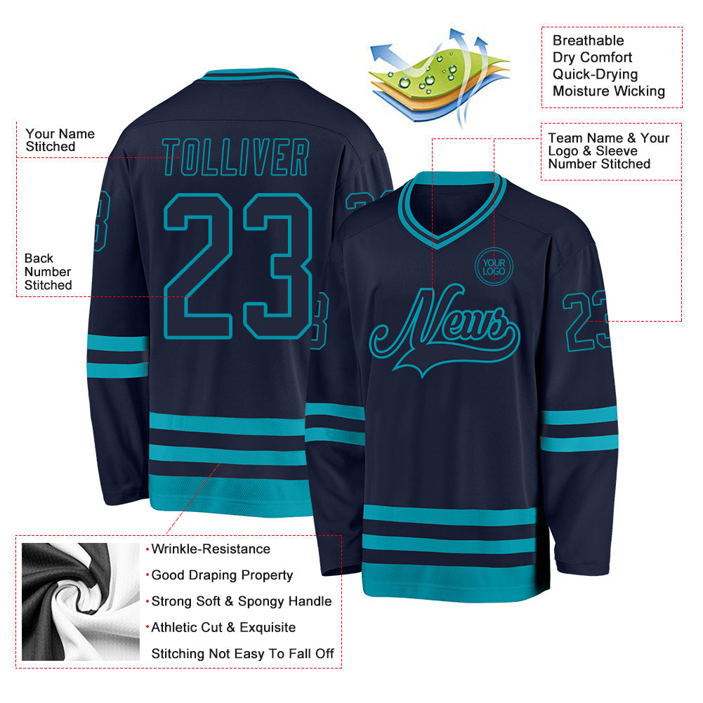 Custom Navy Teal Hockey Jersey view 3
