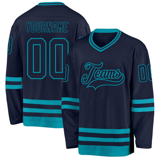 Custom Navy Teal Hockey Jersey - Main View