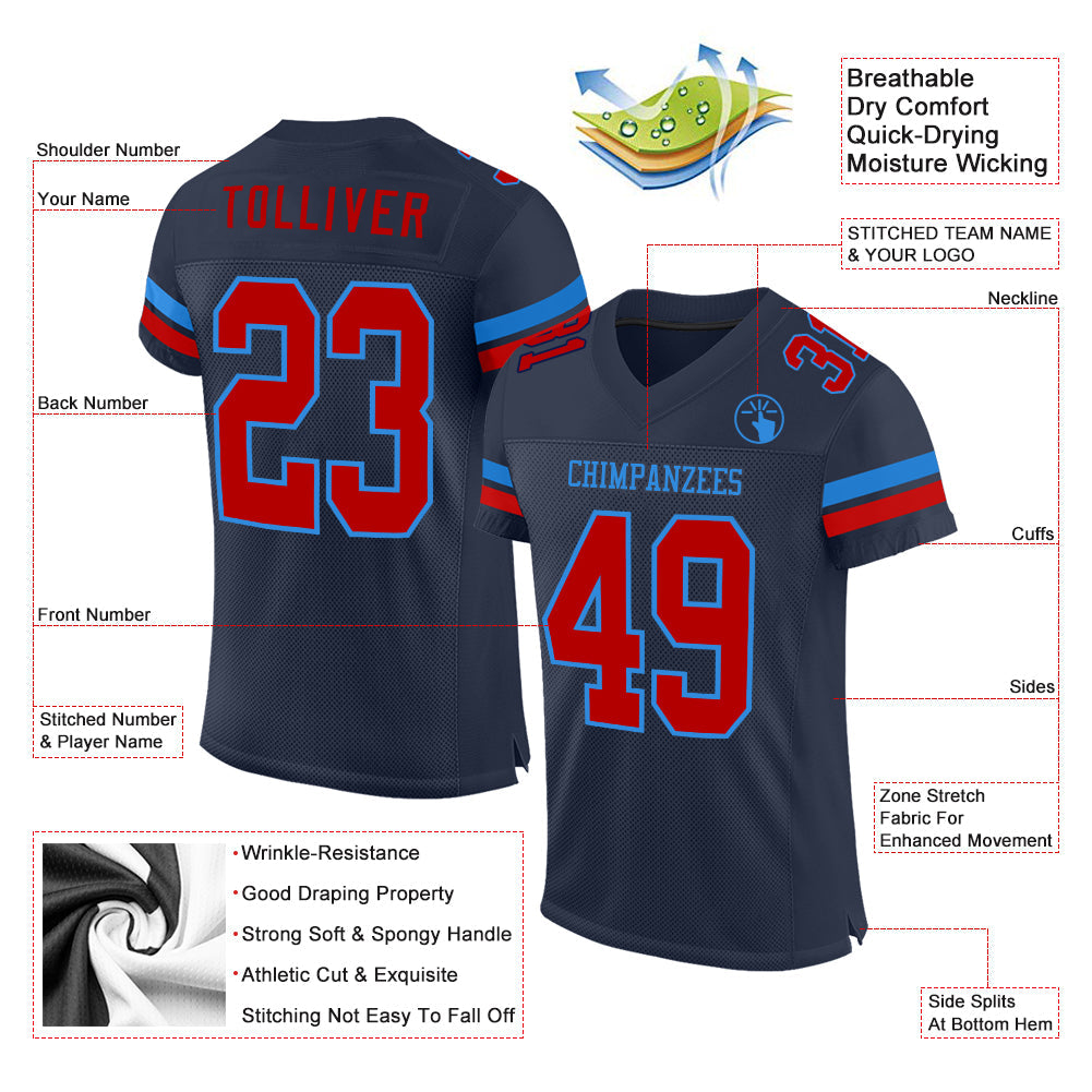 Custom Navy Red-Powder Blue Mesh Authentic Football Jersey view 2