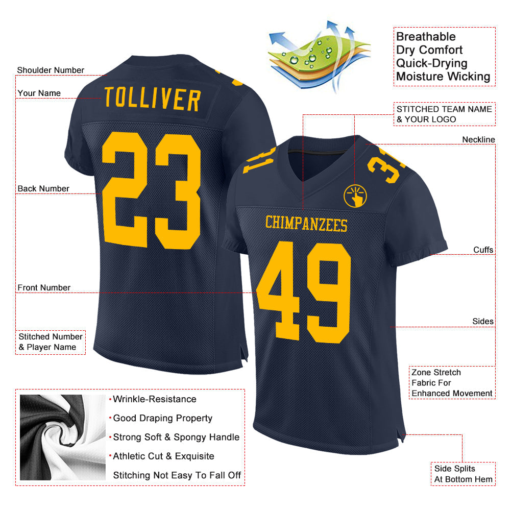 Custom Navy Gold Mesh Authentic Football Jersey view 2