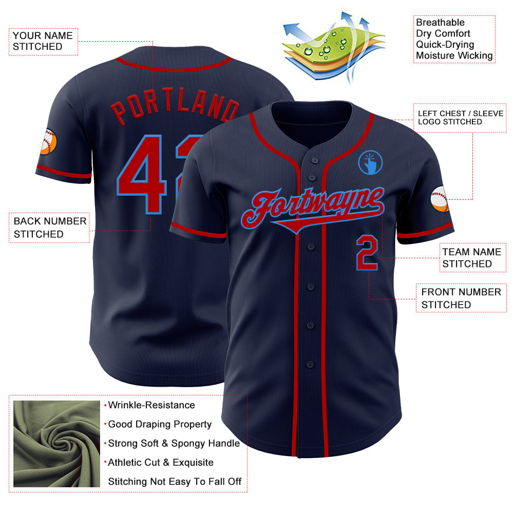 Custom Navy Red-Powder Blue Authentic Baseball Jersey view 3