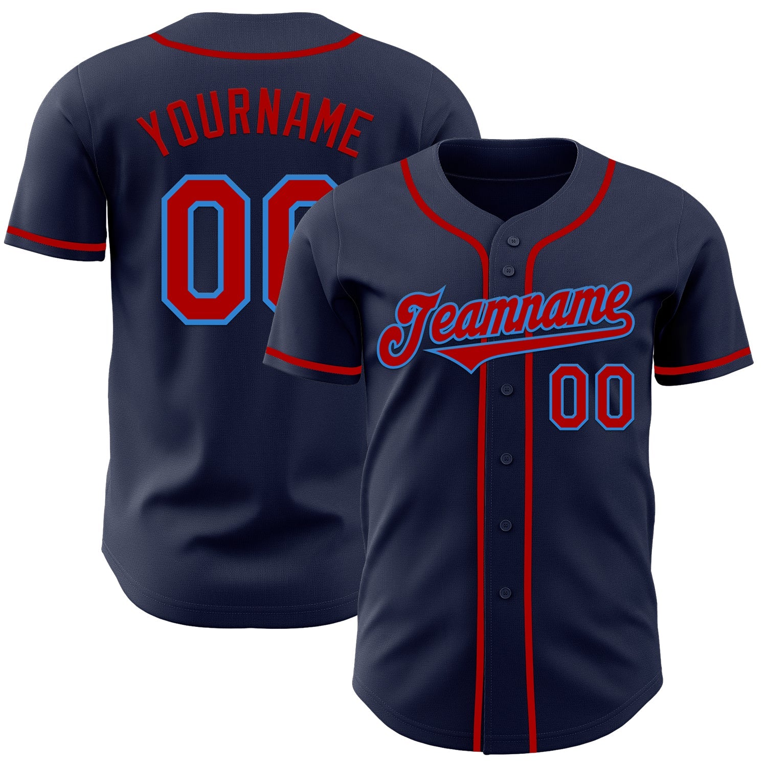 Custom Navy Red-Powder Blue Authentic Baseball Jersey - Main View
