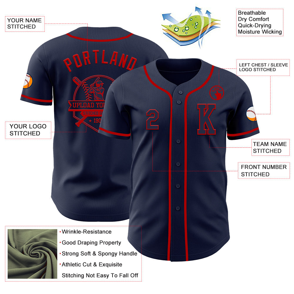 Custom Navy Red Authentic Baseball Jersey view 6
