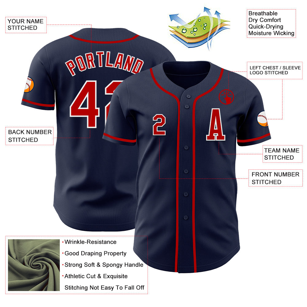 Custom Navy Red-White Authentic Baseball Jersey view 2
