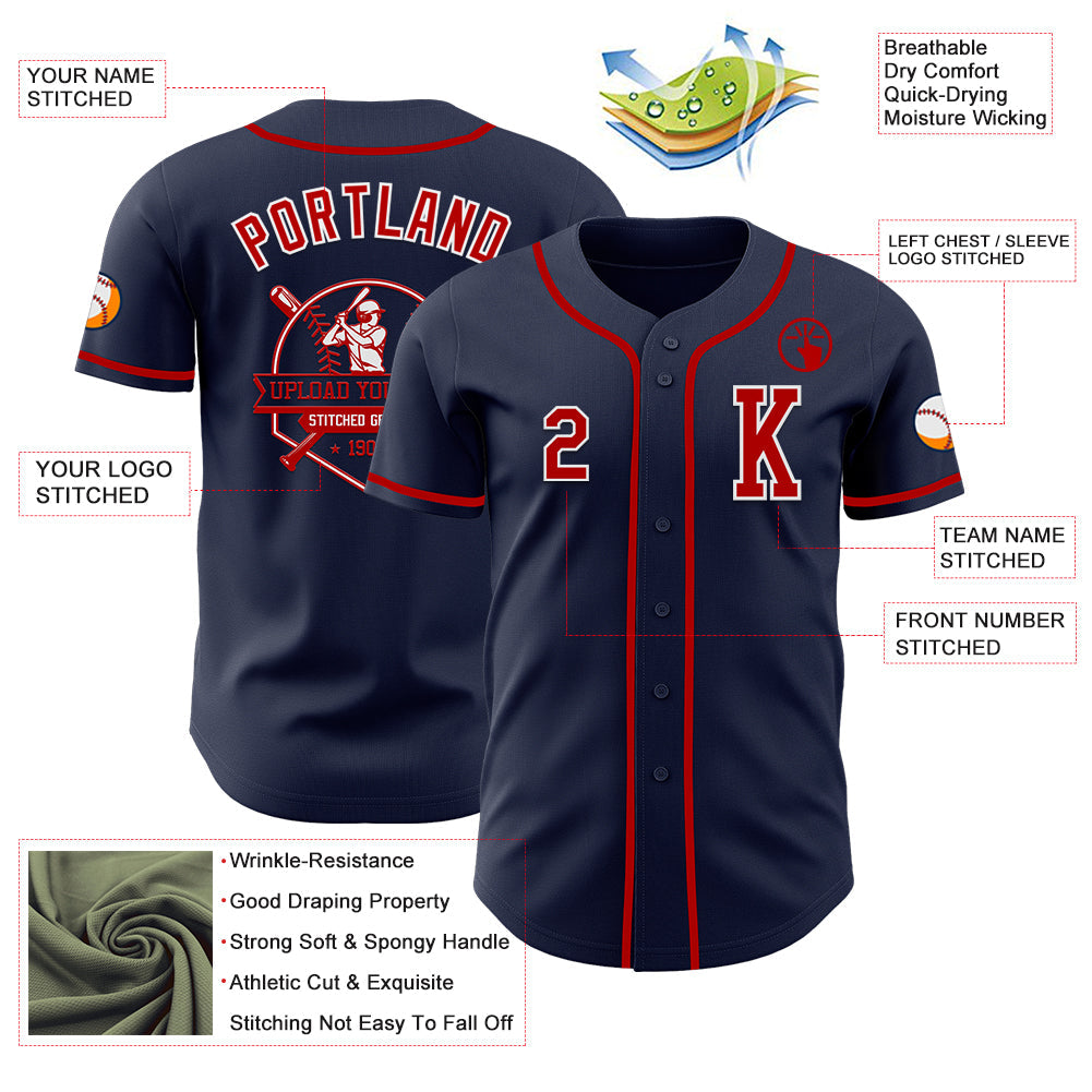 Custom Navy Red-White Authentic Baseball Jersey view 6
