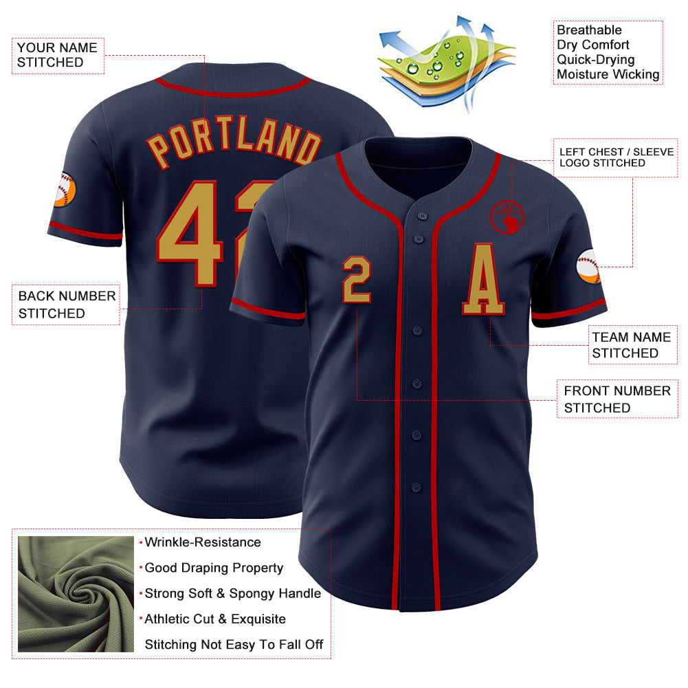 Custom Navy Old Gold-Red Authentic Baseball Jersey view 2