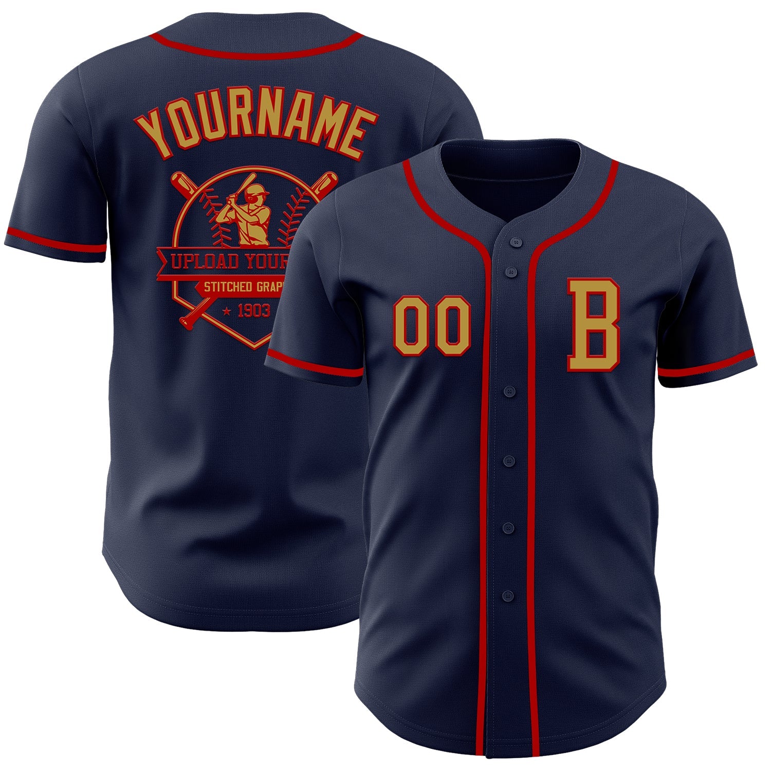 Custom Navy Old Gold-Red Authentic Baseball Jersey view 5