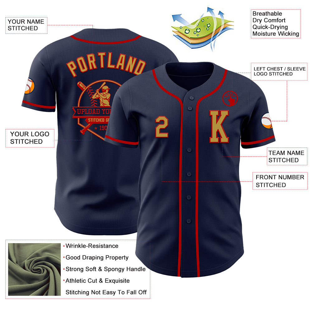 Custom Navy Old Gold-Red Authentic Baseball Jersey view 6