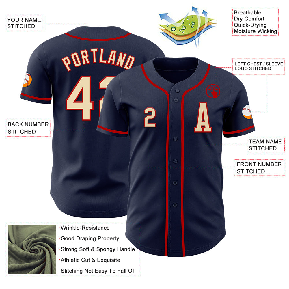 Custom Navy Cream-Red Authentic Baseball Jersey view 2