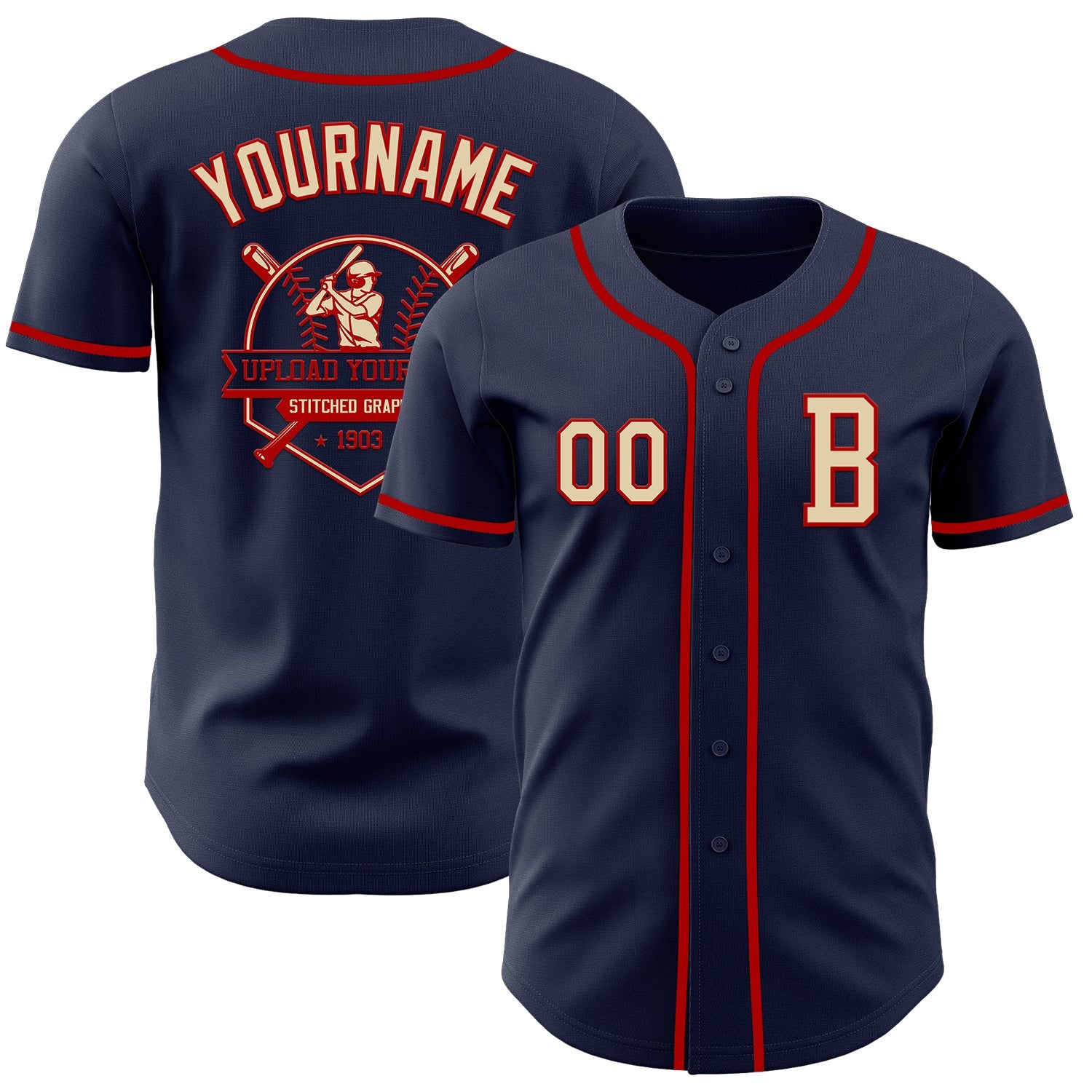 Custom Navy Cream-Red Authentic Baseball Jersey view 5