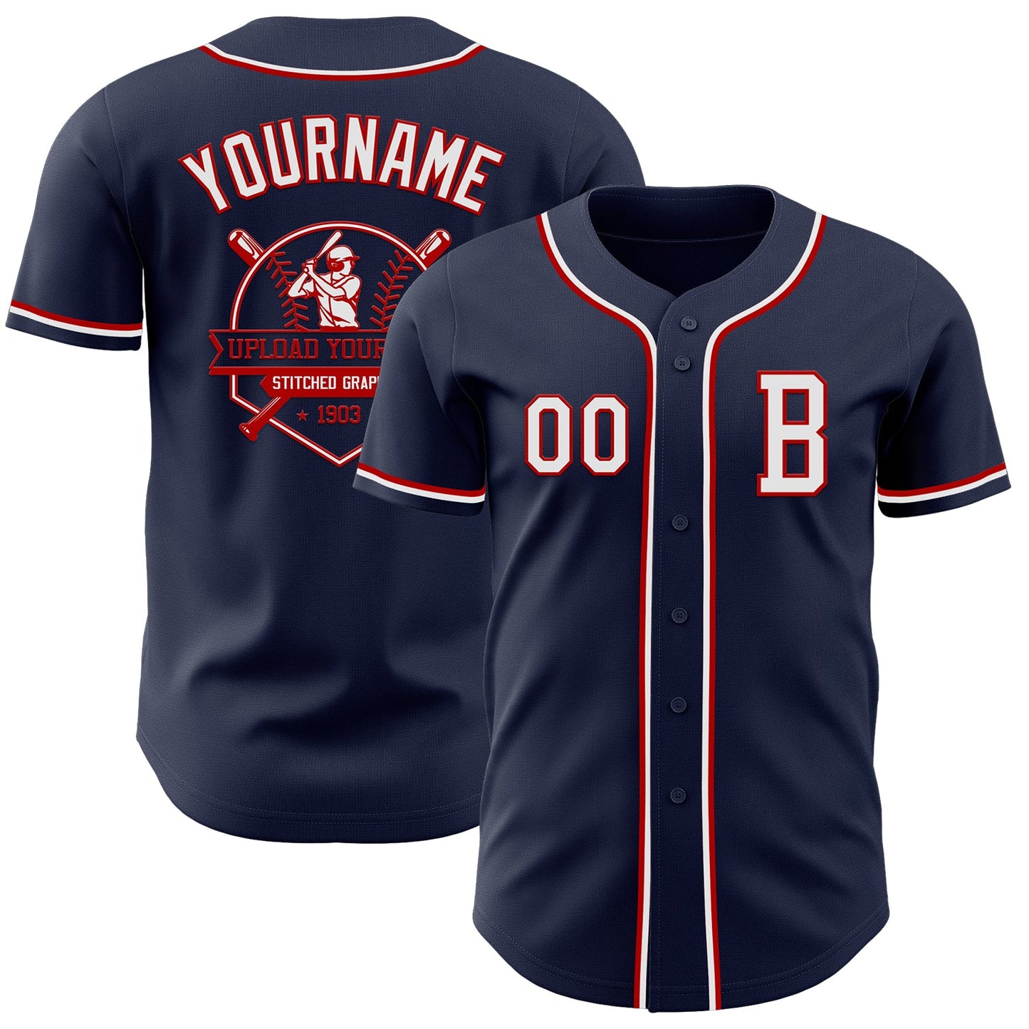 Custom Navy White-Red Authentic Baseball Jersey view 5