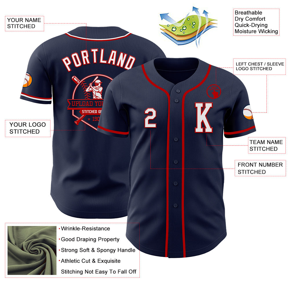 Custom Navy White-Red Authentic Baseball Jersey view 6