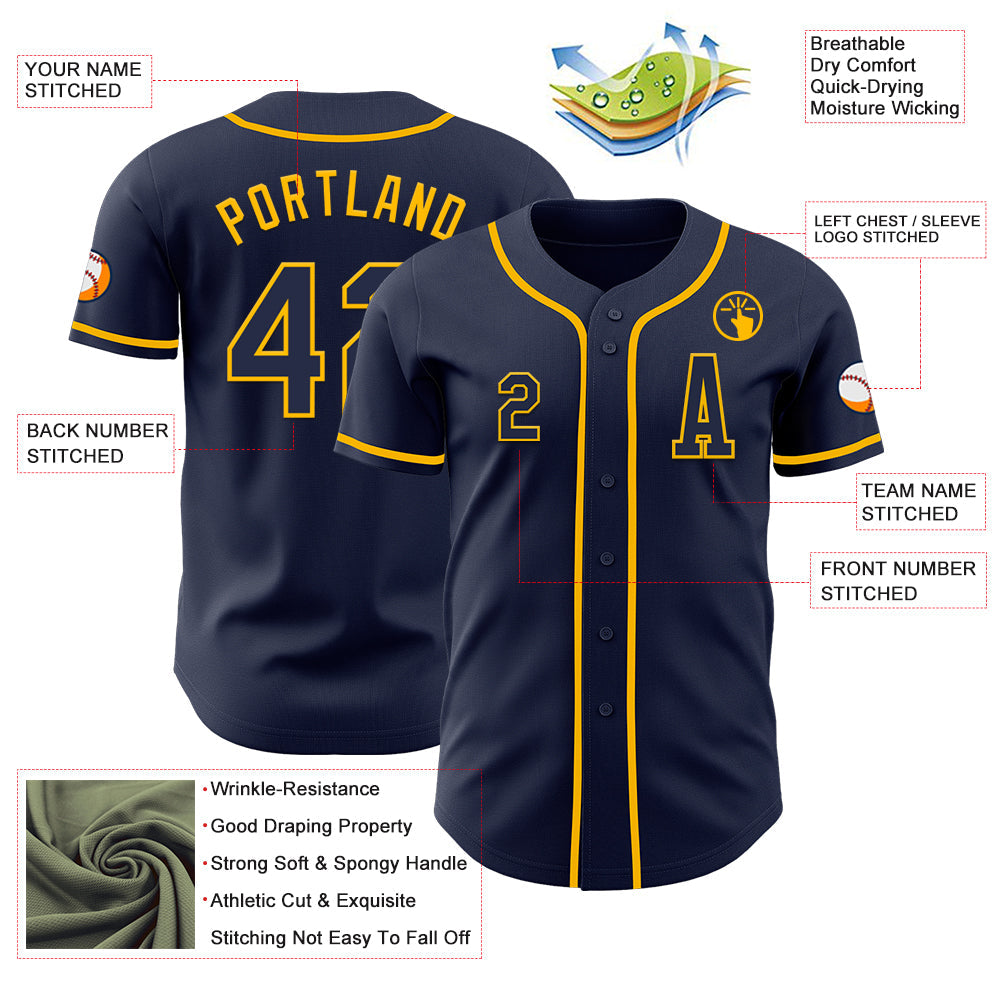 Custom Navy Gold Authentic Baseball Jersey view 2