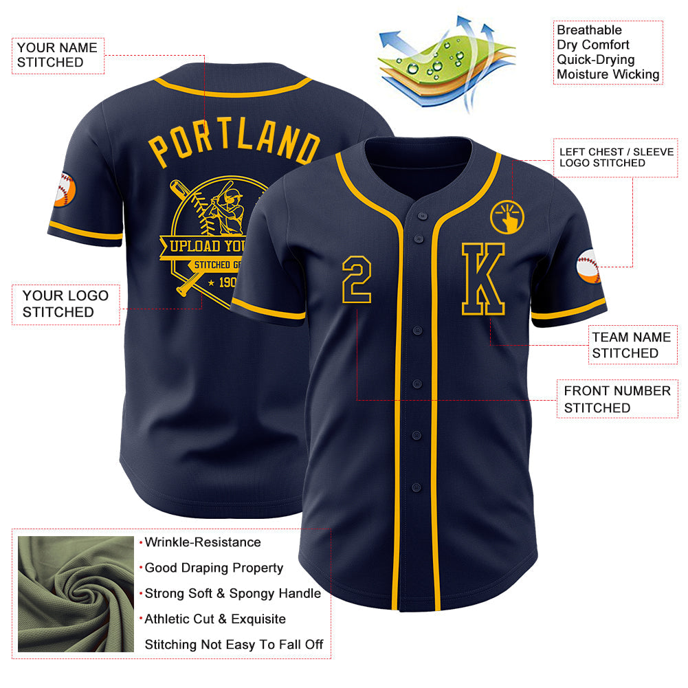 Custom Navy Gold Authentic Baseball Jersey view 6