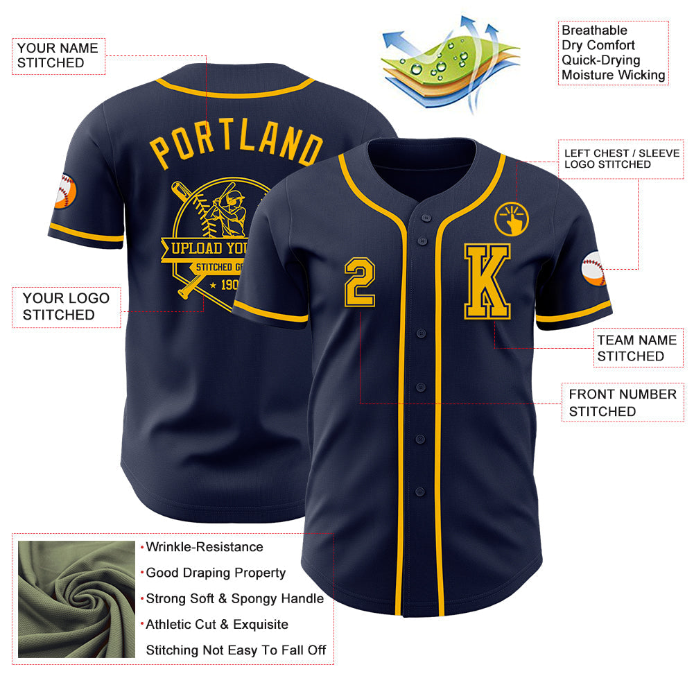 Custom Navy Gold Authentic Baseball Jersey view 6