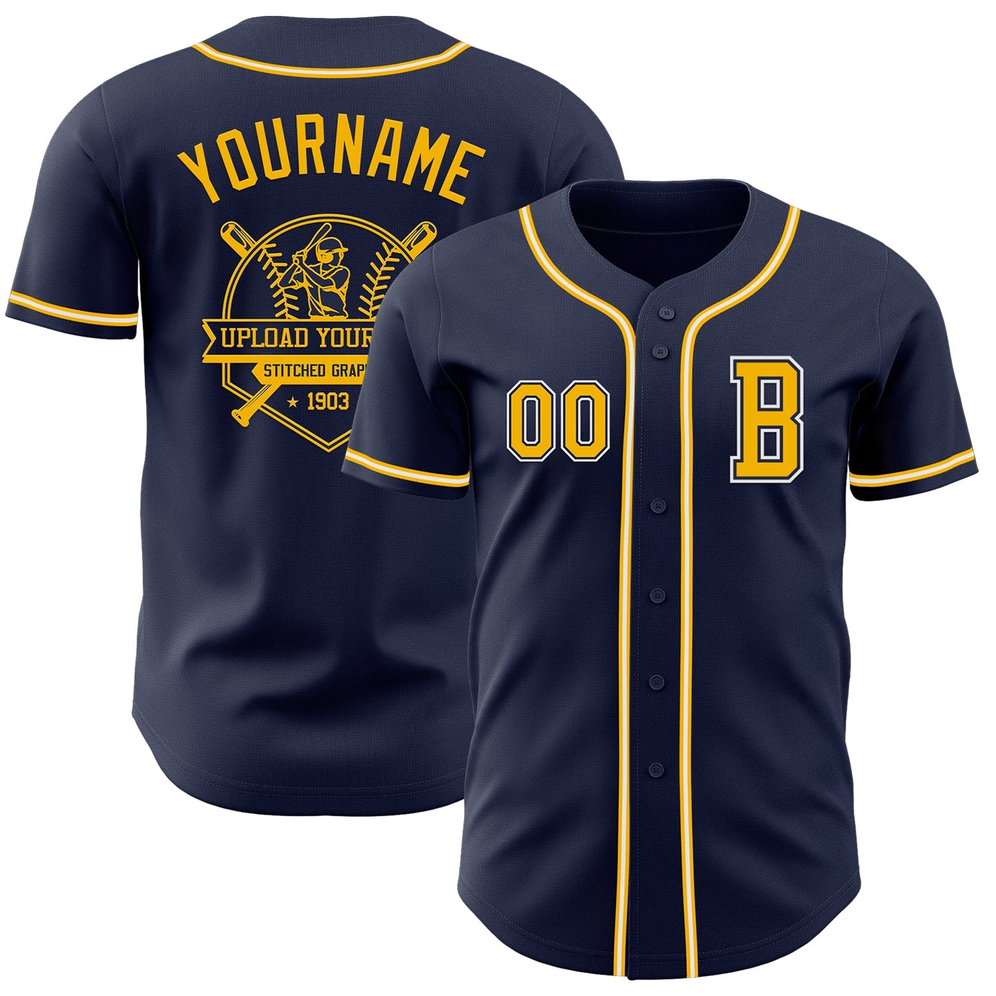 Custom Navy Gold-White Authentic Baseball Jersey view 5