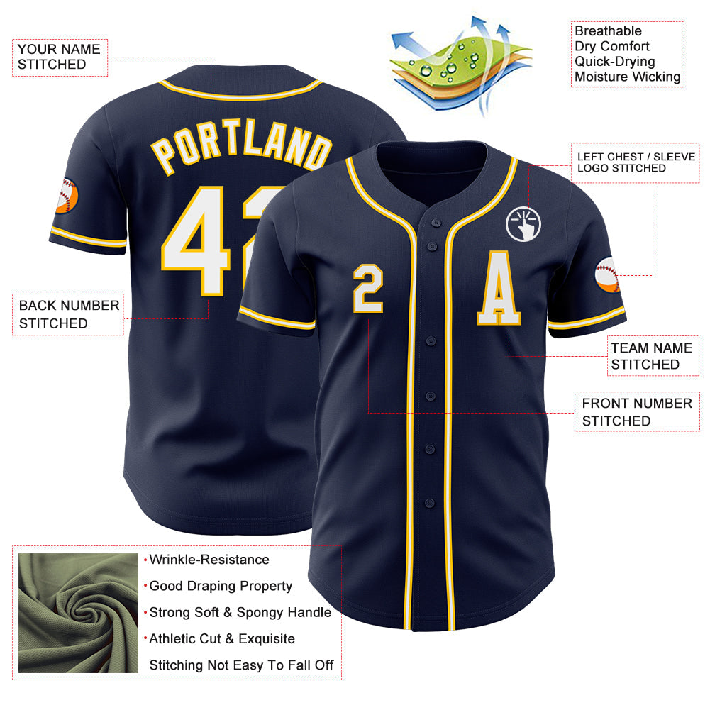 Custom Navy White-Yellow Authentic Baseball Jersey view 2