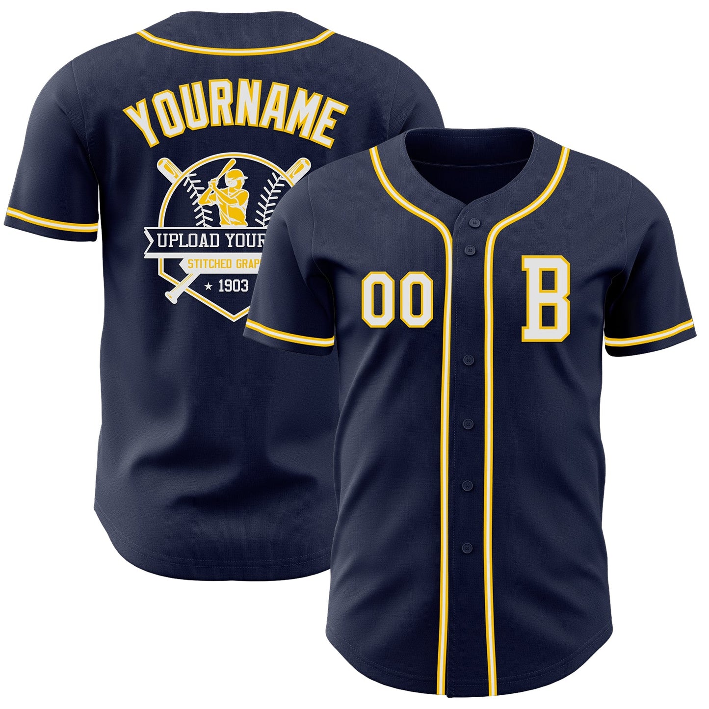 Custom Navy White-Yellow Authentic Baseball Jersey view 5