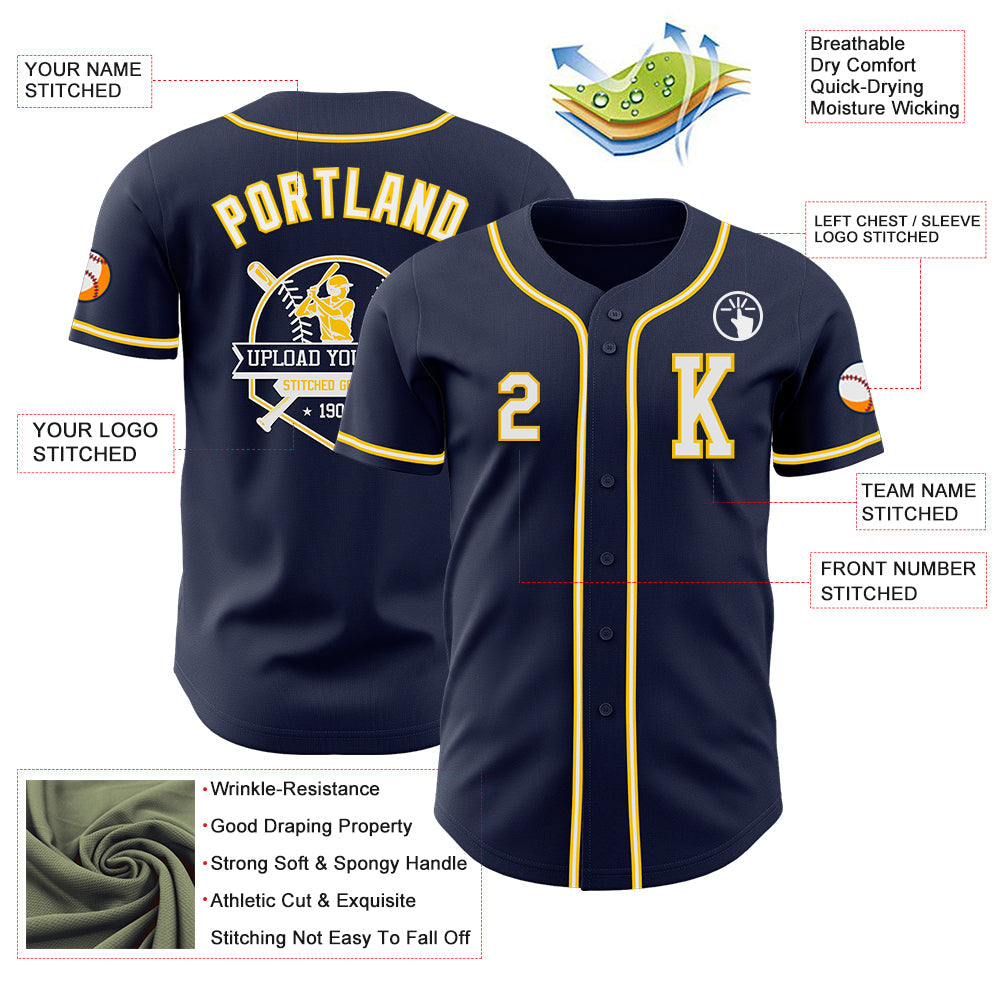 Custom Navy White-Yellow Authentic Baseball Jersey view 6
