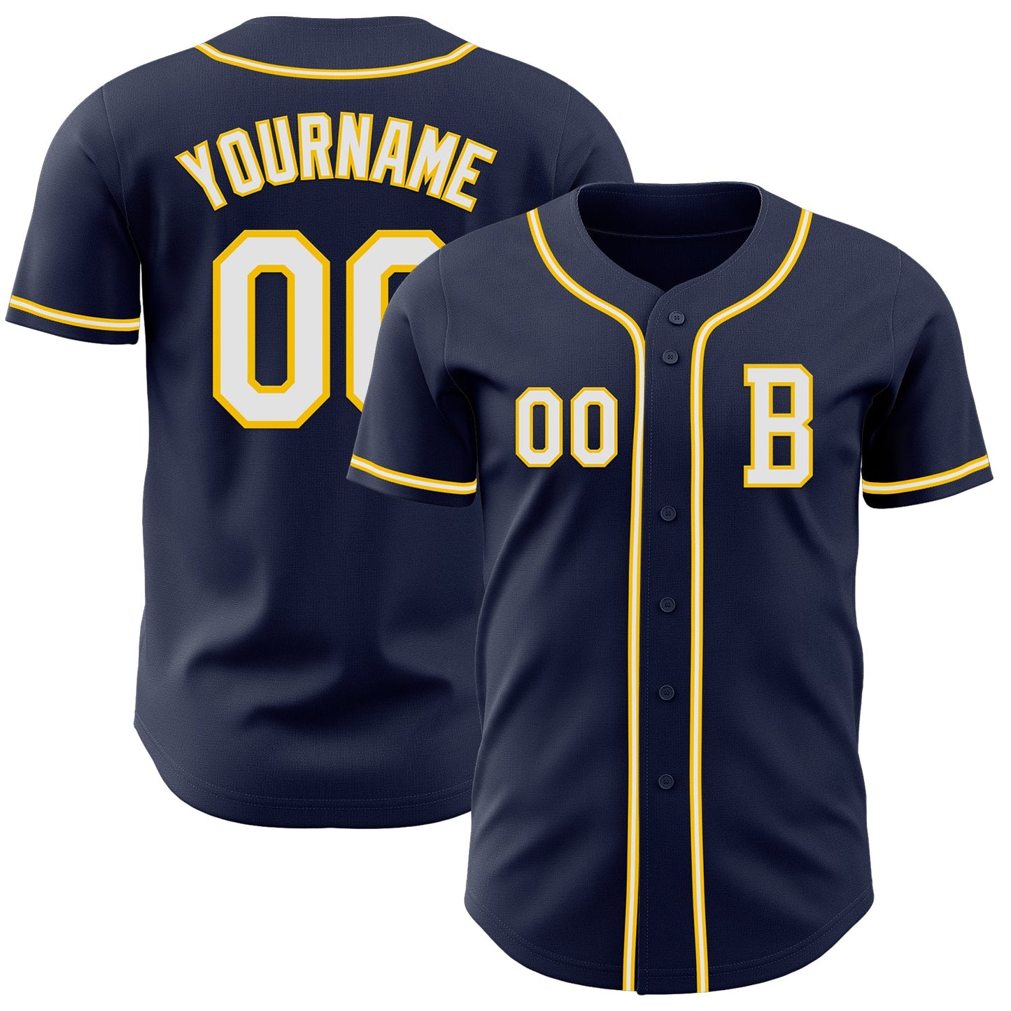 Custom Navy White-Yellow Authentic Baseball Jersey - Main View