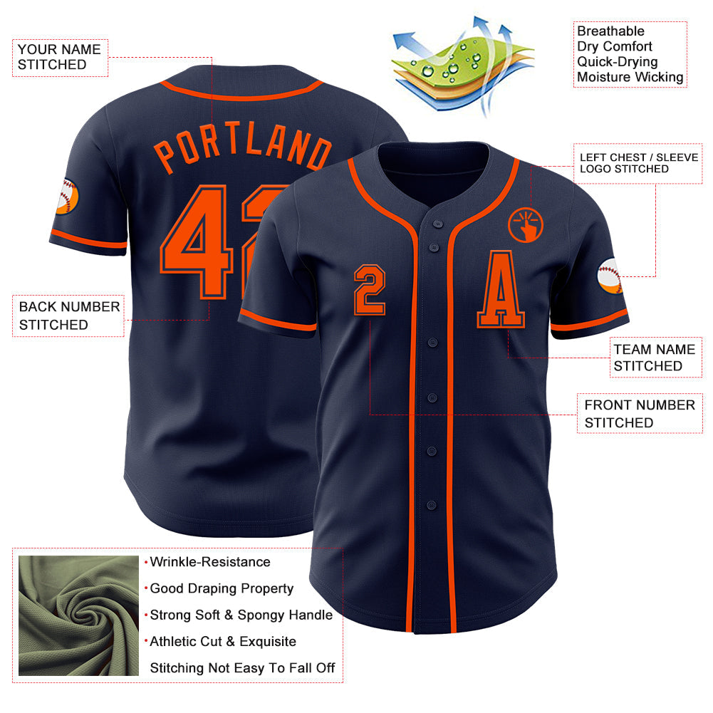 Custom Navy Orange Authentic Baseball Jersey view 2