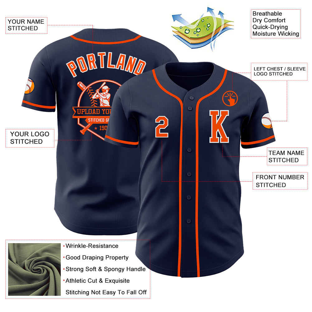 Custom Navy Orange-White Authentic Baseball Jersey view 6