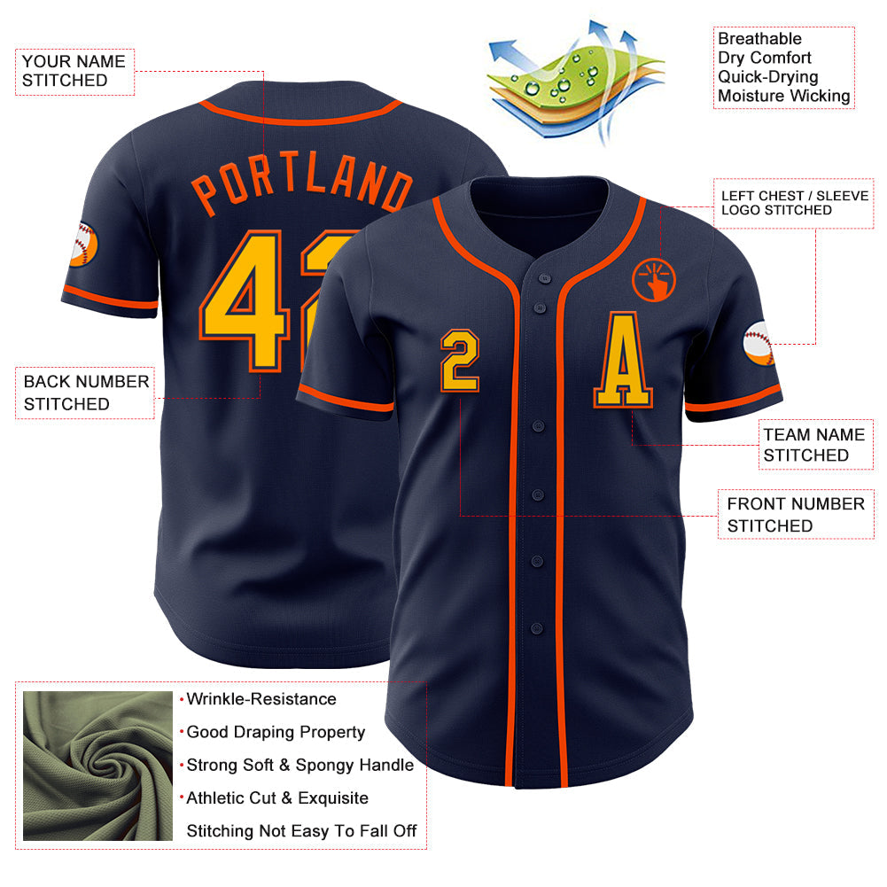 Custom Navy Gold-Orange Authentic Baseball Jersey view 2