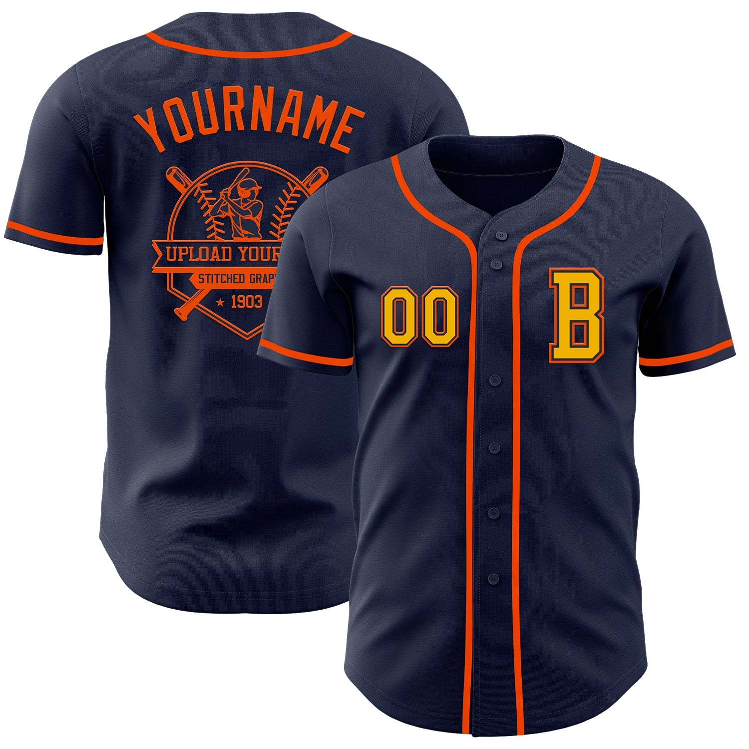 Custom Navy Gold-Orange Authentic Baseball Jersey view 5