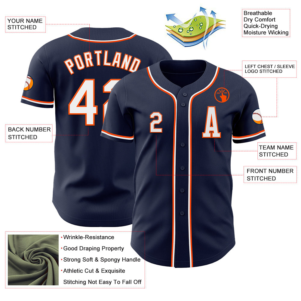 Custom Navy White-Orange Authentic Baseball Jersey view 2