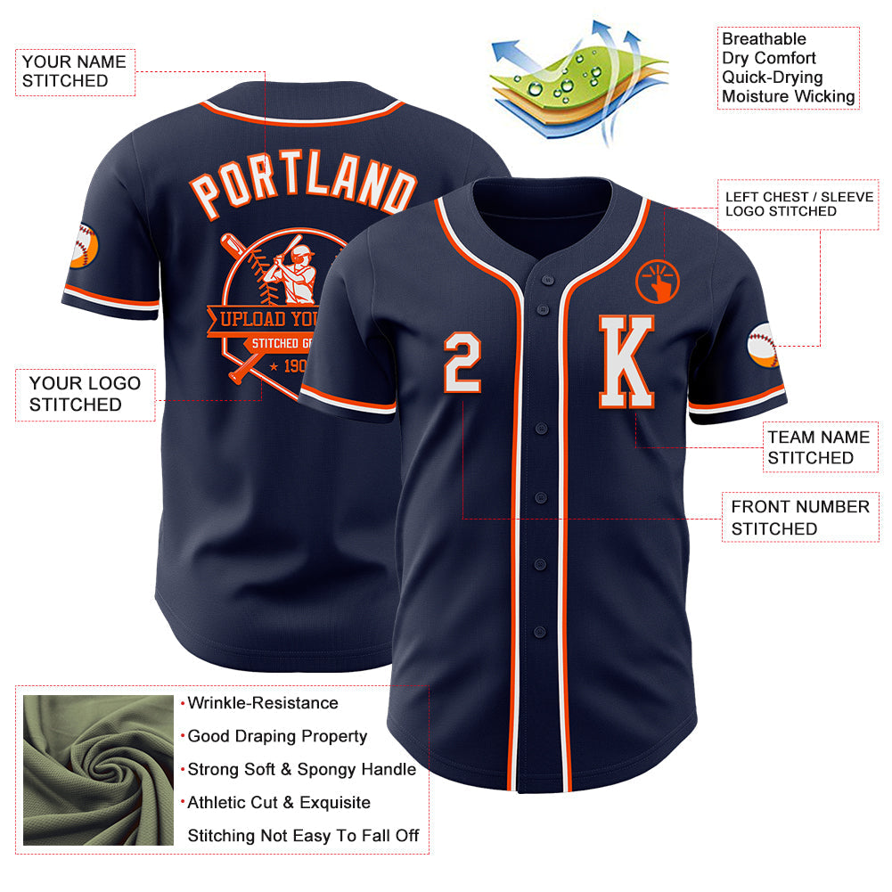 Custom Navy White-Orange Authentic Baseball Jersey view 6