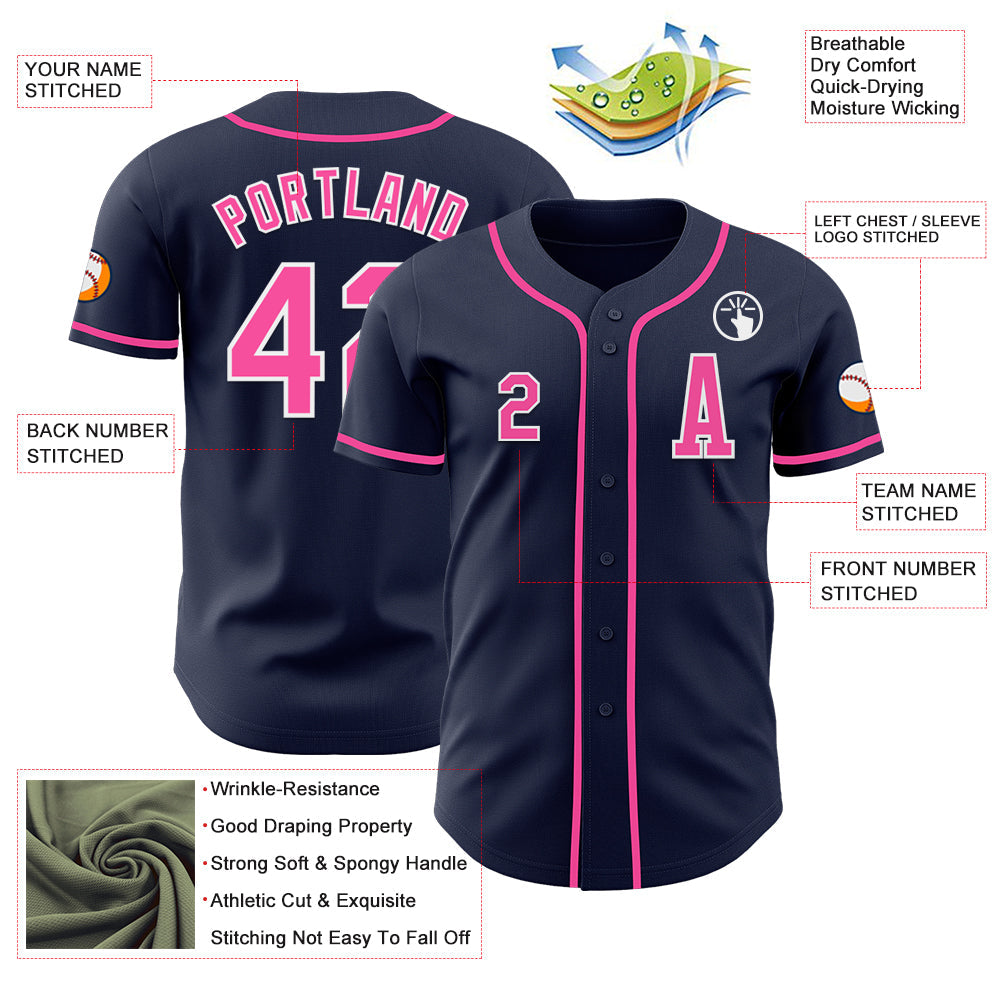 Custom Navy Pink-White Authentic Baseball Jersey view 2