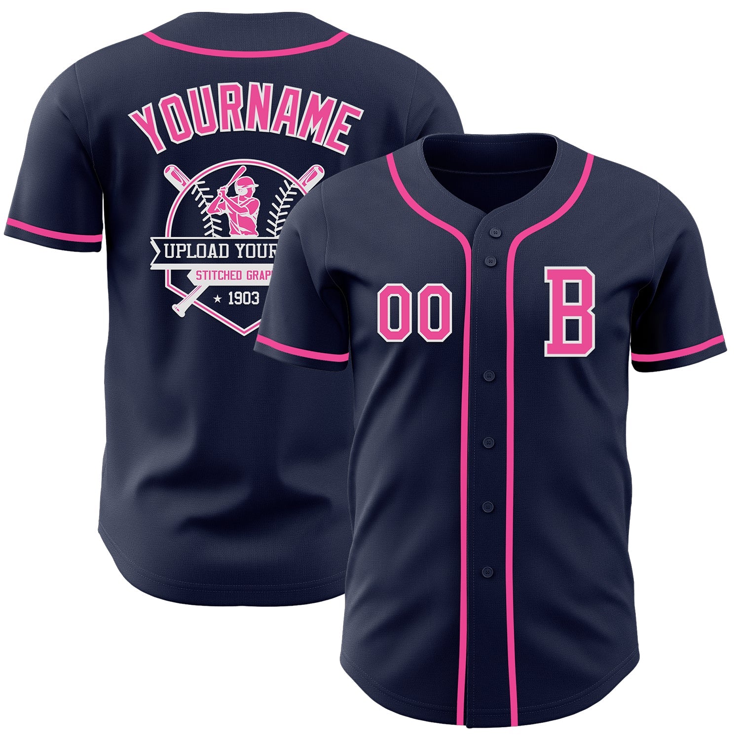 Custom Navy Pink-White Authentic Baseball Jersey view 5