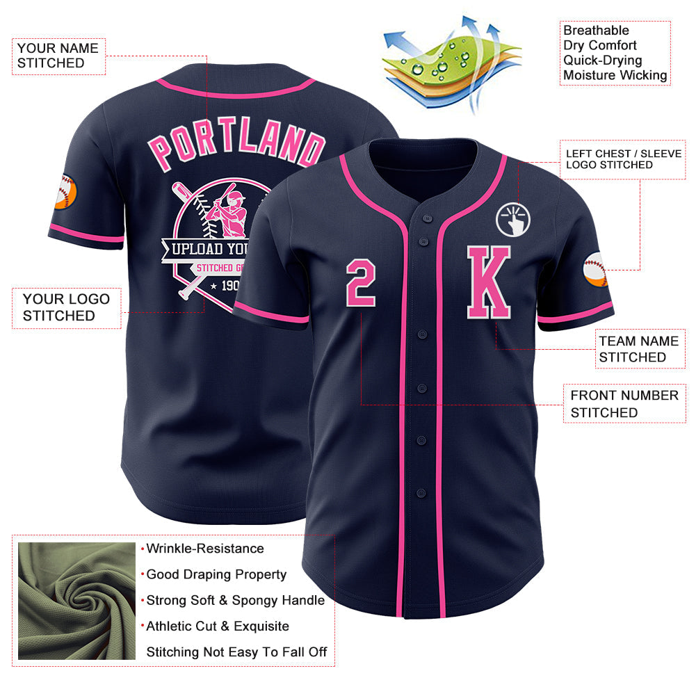 Custom Navy Pink-White Authentic Baseball Jersey view 6