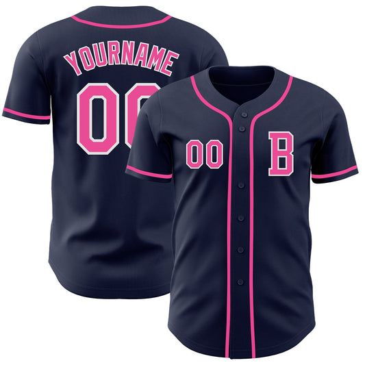 Custom Navy Pink-White Authentic Baseball Jersey - Main View