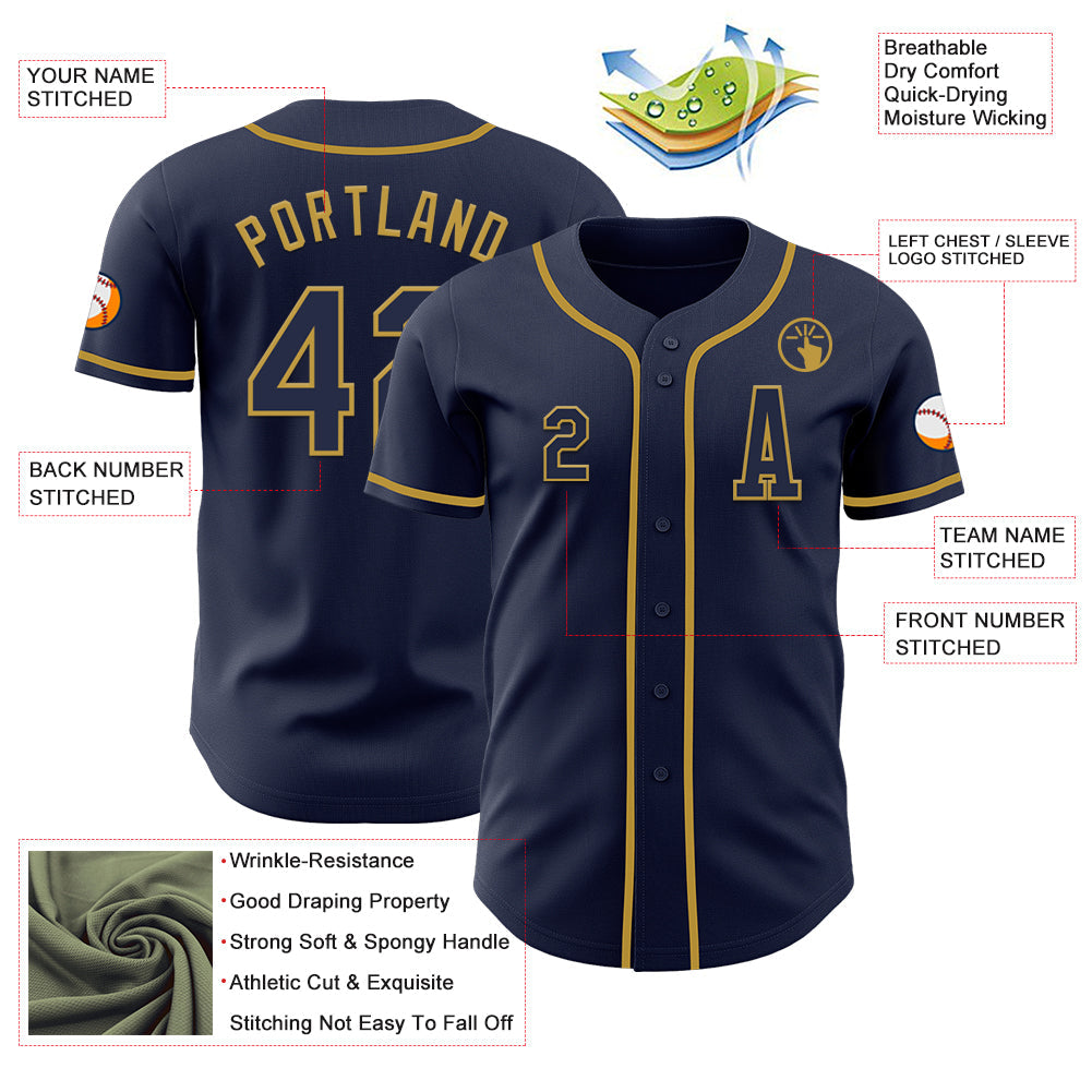 Custom Navy Old Gold Authentic Baseball Jersey view 2