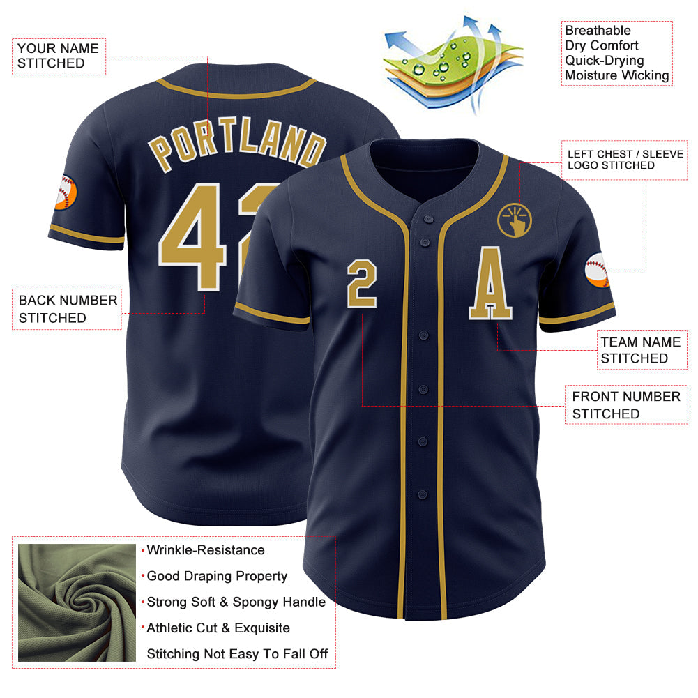 Custom Navy Old Gold-White Authentic Baseball Jersey view 2