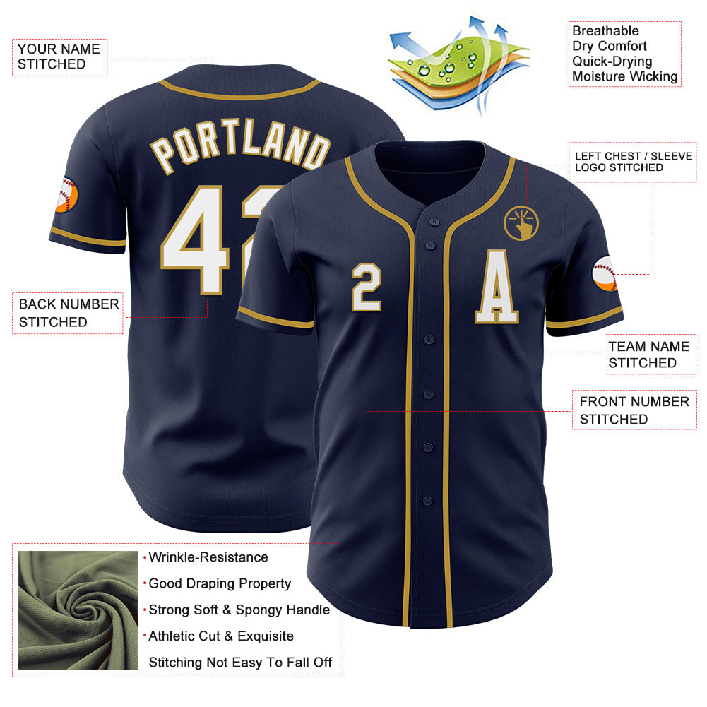 Custom Navy White-Old Gold Authentic Baseball Jersey view 2