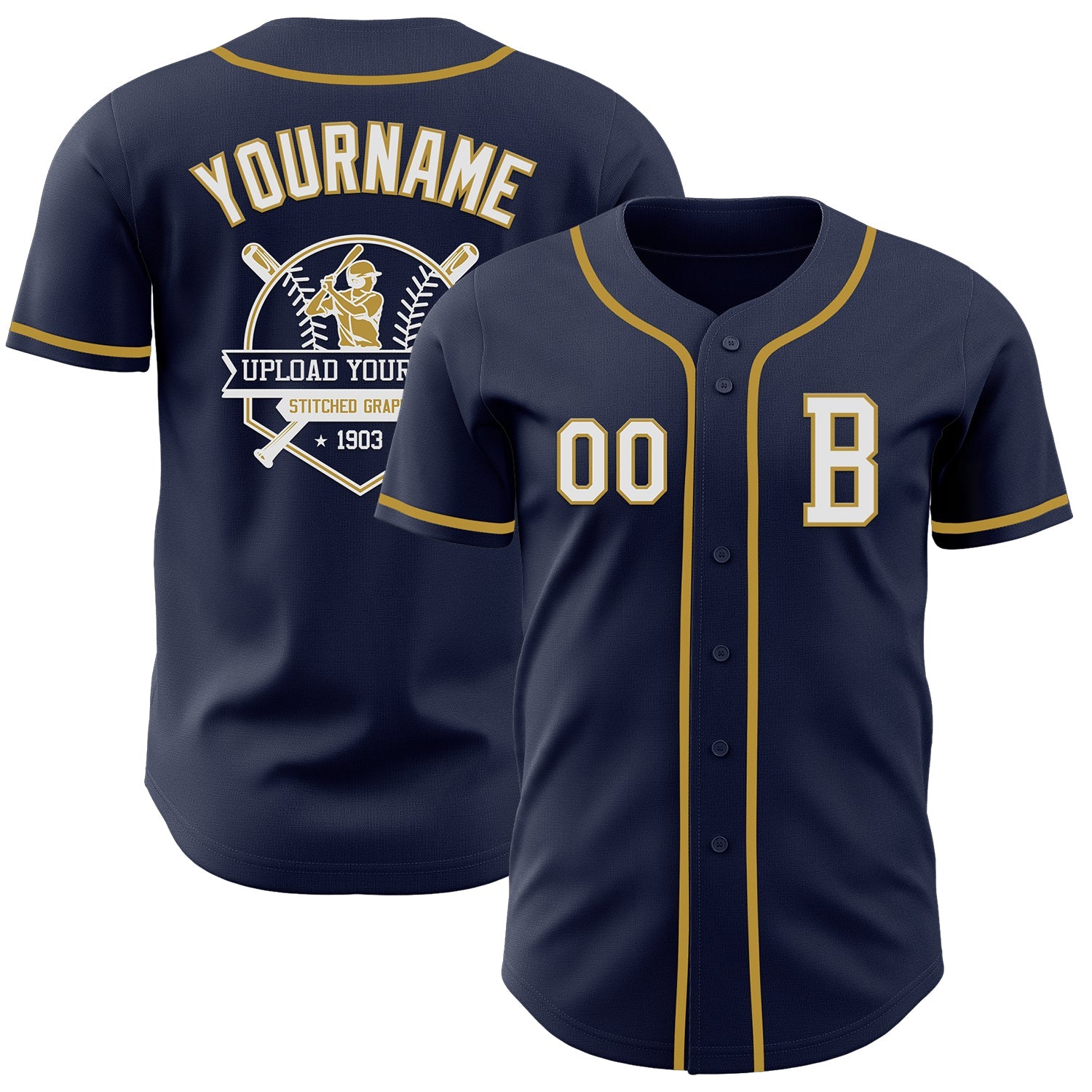Custom Navy White-Old Gold Authentic Baseball Jersey view 5