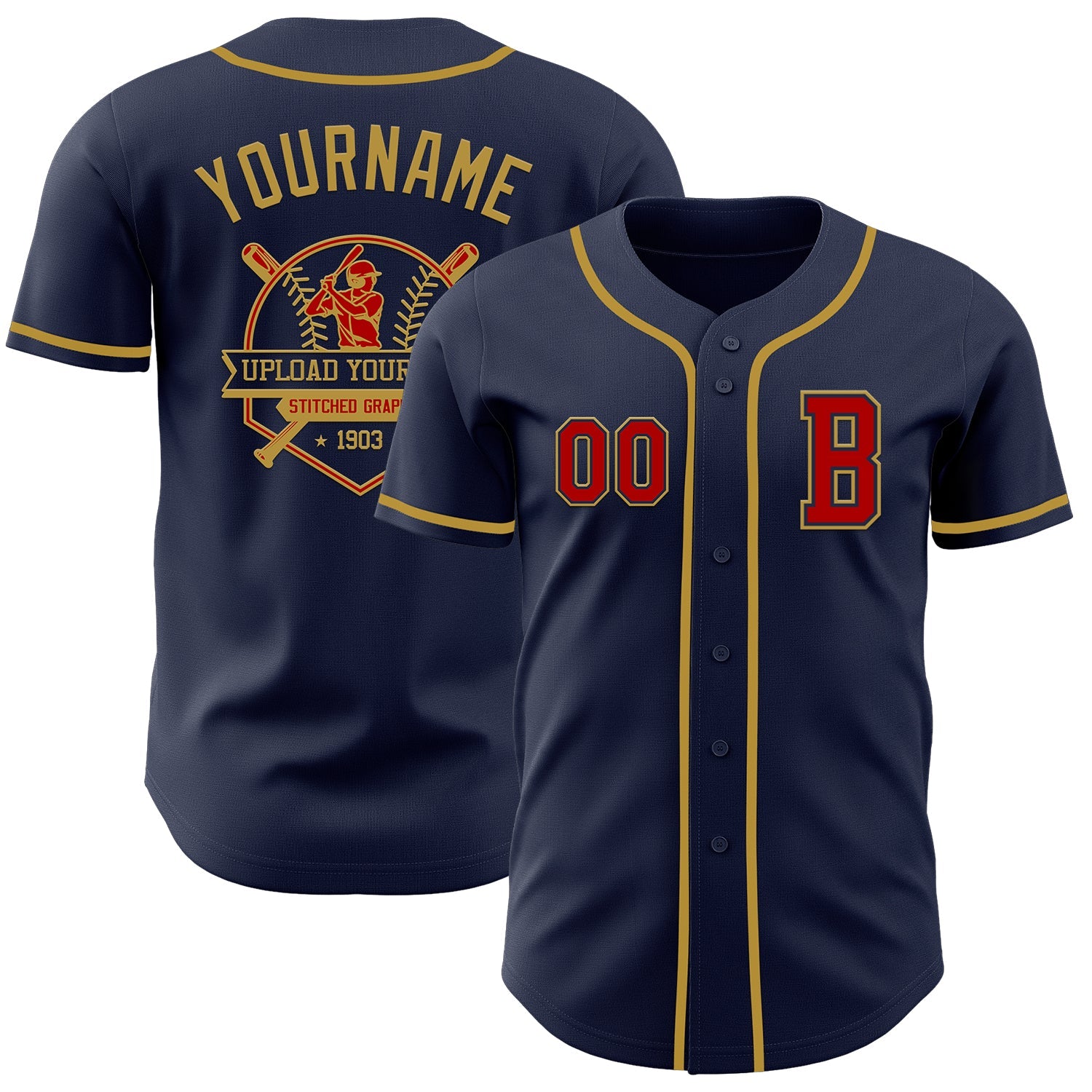 Custom Navy Red-Old Gold Authentic Baseball Jersey view 5