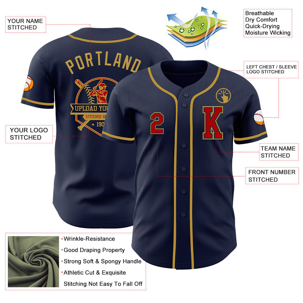 Custom Navy Red-Old Gold Authentic Baseball Jersey view 6